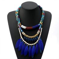 Zinc Alloy Necklace, with Seedbead & Feather & Cotton Cord & Acrylic, plated, multilayer & for woman, blue .4 Inch 
