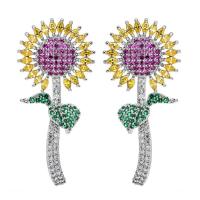 Cubic Zirconia Micro Pave Brass Earring, with Cubic Zirconia, Sunflower, plated, micro pave cubic zirconia & for woman 38*18mm 