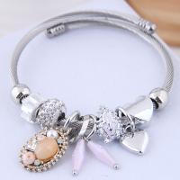 Zinc Alloy Cuff Bangle, with Tiger Tail Wire & Acrylic, silver color plated, for woman & with rhinestone 55mm 