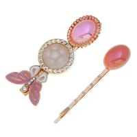 Hair Slide, Zinc Alloy, hair slide, with enamel & Acrylic, gold color plated, 2 pieces & for woman & with rhinestone 60mm*25mm,50mm 