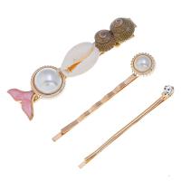 Hair Slide, Zinc Alloy, hair slide, with Shell & Plastic Pearl, gold color plated, three pieces & for woman & with rhinestone 