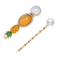 Hair Slide, Zinc Alloy, hair slide, with Plastic Pearl, gold color plated, 2 pieces & for woman & with rhinestone 