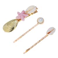 Hair Slide, Zinc Alloy, hair slide, with Shell & Plastic Pearl, gold color plated, three pieces & for woman 