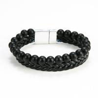 Zinc Alloy Bracelet, with Natural Stone & leather cord, plated, Double Layer & for man, 210mm 