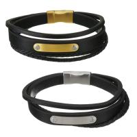 Stainless Steel Bracelet, with Leather, plated, for man & multi-strand 10mm Approx 9 Inch 