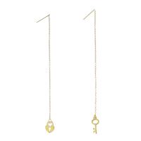 Stainless Steel Asymmetric Thread Through Earrings, Lock and Key, gold color plated, for woman  116mm 