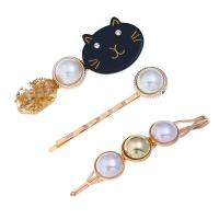 Hair Slide, Zinc Alloy, with Resin & Plastic Pearl, gold color plated, three pieces & for woman & with rhinestone 65*23mm,60mm,70mm 