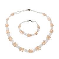Crystal Freshwater Pearl Jewelry Sets, bracelet & necklace, with Crystal & Glass Seed Beads, brass lobster clasp, Potato, silver color plated, 2 pieces & for woman, pink  Approx 6.3 , Approx 16.5 
