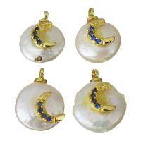 Cultured Freshwater Pearl Brass Pendant, with pearl, Moon, gold color plated, micro pave cubic zirconia 14.5-15.5x6-7mm Approx 1.5mm 