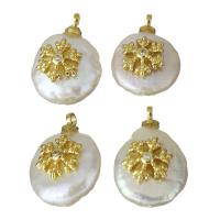 Cultured Freshwater Pearl Brass Pendant, with pearl, Snowflake, gold color plated, micro pave cubic zirconia, 11-11.5x15-17x5.5-7mm 