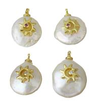 Cultured Freshwater Pearl Brass Pendant, with pearl, Sun, gold color plated, micro pave cubic zirconia 11-13.5x15.5-21.5x5-8.5mm Approx 1.5mm 