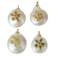 Cultured Freshwater Pearl Brass Pendant, with pearl, Flower, gold color plated, random style & micro pave cubic zirconia 11.5-13x16-19.5x6.5-10mm 