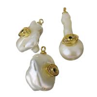 Cultured Freshwater Pearl Brass Pendant, with pearl, gold color plated, random style & evil eye pattern & micro pave cubic zirconia, 10.5-14x18.5-26.5x9.5-12.5mm Approx 1.5mm 