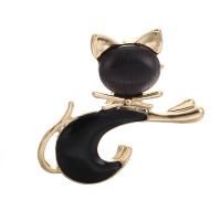 Zinc Alloy Brooch, with Cats Eye, Cat, gold color plated, for woman & enamel 29*25mm 