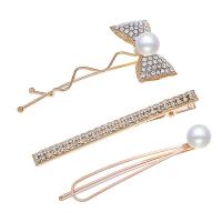Hair Slide, Zinc Alloy, with Rhinestone & Plastic Pearl, fashion jewelry & for woman, golden, 3.5cm*7cm,0.5cm*8cm,1cm*7cm 