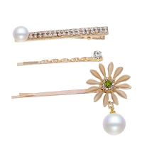 Hair Slide, Zinc Alloy, with Rhinestone & Plastic Pearl, fashion jewelry & for woman, golden, 1cm*6cm,0.5cm*5cm,4.6cm*6.6cm 
