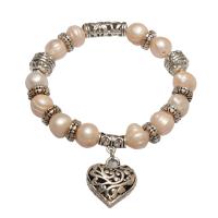 Cultured Freshwater Pearl Brass Bracelet, with Brass, Heart, antique silver color plated, for woman & hollow, pink Approx 7.5 Inch 