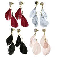 Brass Drop Earring, with Feather & Ice Quartz Agate, gold color plated, for woman 