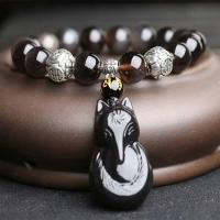 Bracelet obsidienne noire, avec laiton, renard, Placage de couleur argentée, poli & normes différentes pour le choix & pour femme, noire Environ 6 mm, Vendu par brin