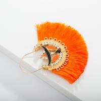 Zinc Alloy Tassel Earring, with Cotton Thread, for woman & enamel & with rhinestone, orange 