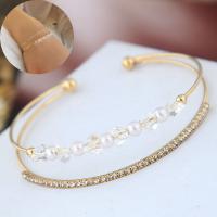 Zinc Alloy Cuff Bangle, with Rhinestone & Plastic Pearl, gold color plated, for woman & with rhinestone, golden, 55*50mm 