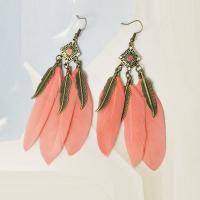 Fashion Feather Earring , Zinc Alloy, with Feather, antique gold color plated, for woman & with rhinestone 