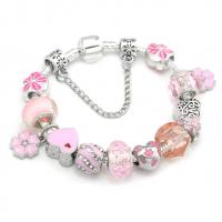 Zinc Alloy European Bracelets, with Crystal & Lampwork, antique silver color plated & for woman & enamel, pink 