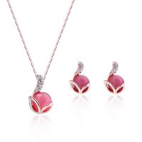 Rhinestone Zinc Alloy Jewelry Set, Stud Earring & necklace, with Cats Eye, with 5cm extender chain, rose gold color plated, bar chain & for woman & with rhinestone, pink  Approx 17.72 Inch 