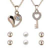 Rhinestone Zinc Alloy Jewelry Set, Stud Earring & necklace, with ABS Plastic Pearl, with 5cm extender chain, heart and key, gold color plated, oval chain & for woman & with rhinestone  8mm Approx 17.72 Inch 