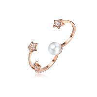 Brass Three Finger Ring, with ABS Plastic Pearl, rose gold color plated & micro pave cubic zirconia & for woman, 8mm 