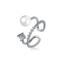 Brass Cuff Finger Ring, with ABS Plastic Pearl, silver color plated, micro pave cubic zirconia & for woman, 6mm, US Ring 