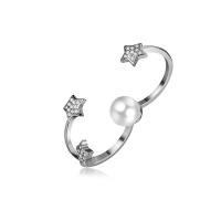 Brass Three Finger Ring, with ABS Plastic Pearl, Star, silver color plated, Unisex & micro pave cubic zirconia, 8mm 