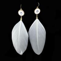 Zinc Alloy Drop Earring, with Feather, gold color plated, for woman & with rhinestone, white 