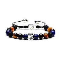 Gemstone Woven Ball Bracelets, Tiger Eye, with Lapis Lazuli & Lava, plated, Unisex & adjustable .8 Inch 