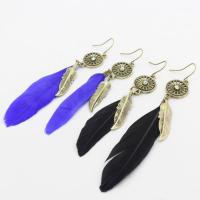 Zinc Alloy Drop Earring, with Feather, sterling silver post pin, antique gold color plated, vintage & for woman 15mm,70mm 