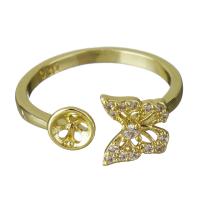 Brass Ring Mountings, Butterfly, gold color plated, micro pave cubic zirconia, 8.5mm,4mm,0.75mm, US Ring 