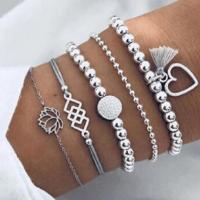 Zinc Alloy Bracelet Set, with Cotton Cord, plated, 5 pieces & fashion jewelry & for woman, silver color 