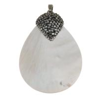White Shell Pendants, with Rhinestone Clay Pave & Brass, Teardrop, silver color plated Approx 