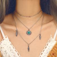 Turquoise Zinc Alloy Necklace, with turquoise, plated, three layers & fashion jewelry & for woman, silver color 