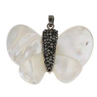 White Shell Pendants, with Rhinestone Clay Pave & Brass, Butterfly, silver color plated Approx 