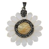 Rhinestone Clay Pave Pendants, with Yellow Shell & White Shell & Brass, Sunflower, antique copper color plated Approx 
