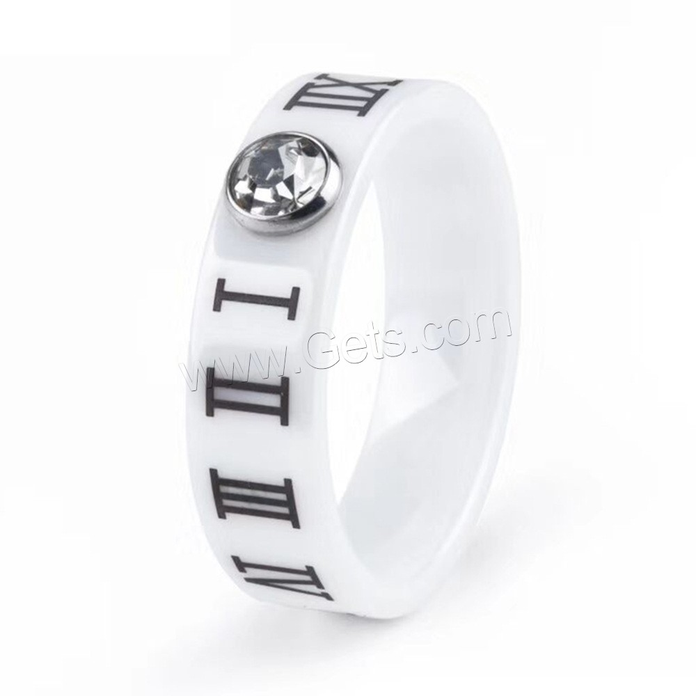 Porcelain Finger Ring, with roman number & Unisex & different size for choice & with cubic zirconia, more colors for choice, 6mm, US Ring Size:6-10, Sold By PC