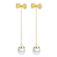 Cubic Zirconia Micro Pave Brass Earring, with Shell Pearl, micro pave cubic zirconia & for woman, golden 
