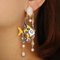 Plastic Pearl Zinc Alloy Earring, with Plastic Pearl, stainless steel post pin, Fish, plated, for woman & enamel & with rhinestone 