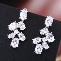 Cubic Zircon Brass Earring, with Cubic Zirconia, stainless steel post pin, plated, for woman, silver color, 30*14mm 