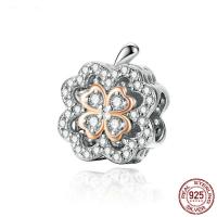 925 Sterling Silver Beads, Four Leaf Clover, platinum plated, micro pave cubic zirconia 
