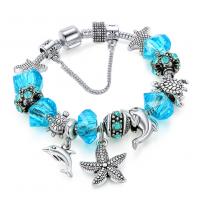 Zinc Alloy European Bracelets, with Crystal & Brass, Dolphin, silver color plated & for woman, blue, 170mm,180mm,190mm,200mm,210mm 