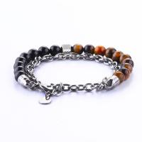 Gemstone Bracelets, Stainless Steel, with turquoise & Tiger Eye & Black Agate & Unisex & oval chain, 8mm Approx 8.6 Inch 