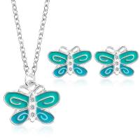 Enamel Zinc Alloy Jewelry Sets, Stud Earring & necklace, Butterfly, plated, 2 pieces & for woman & with rhinestone, turquoise blue, 11mm Approx 21 Inch 