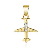 Cubic Zirconia Micro Pave Sterling Silver Pendant, Brass, Airplane, gold color plated, micro pave cubic zirconia 